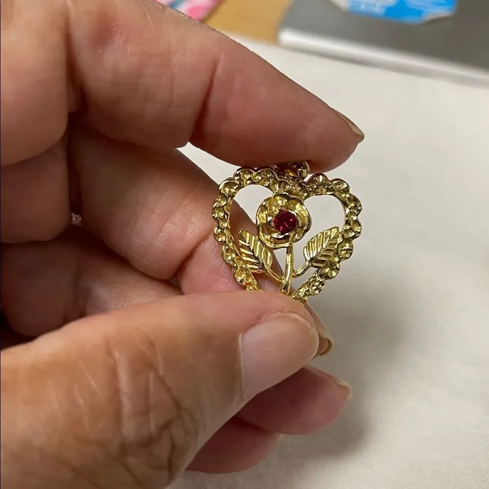 Gold Tone Heart Pendant with Red Gemstone